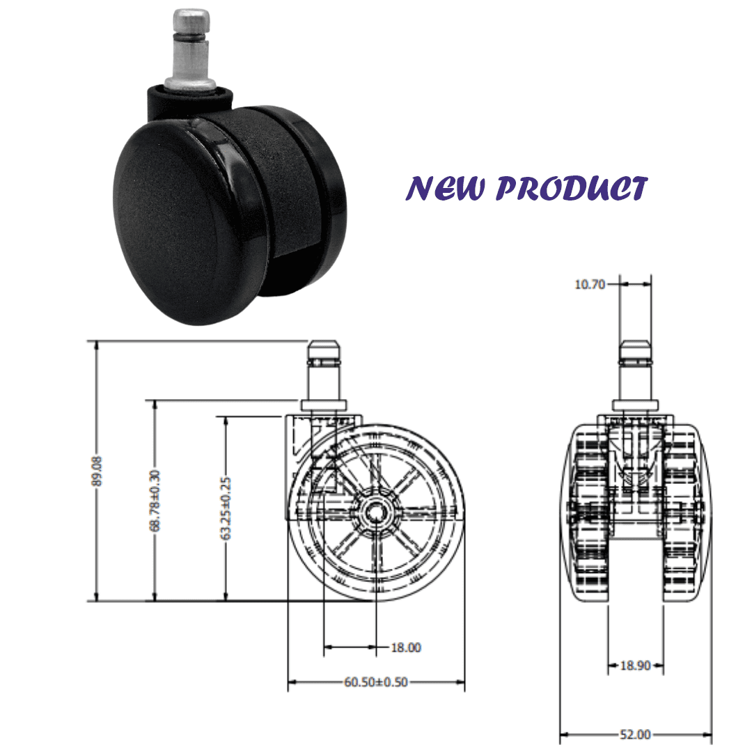 HTS Caster | Black Swivel caster with Pin-60 mm